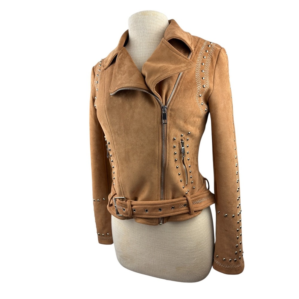 BKE Faux Suede Studded Stretch Asymmetrical Zip Moto Jacket Chestnut Brown Small - Picture 6 of 14